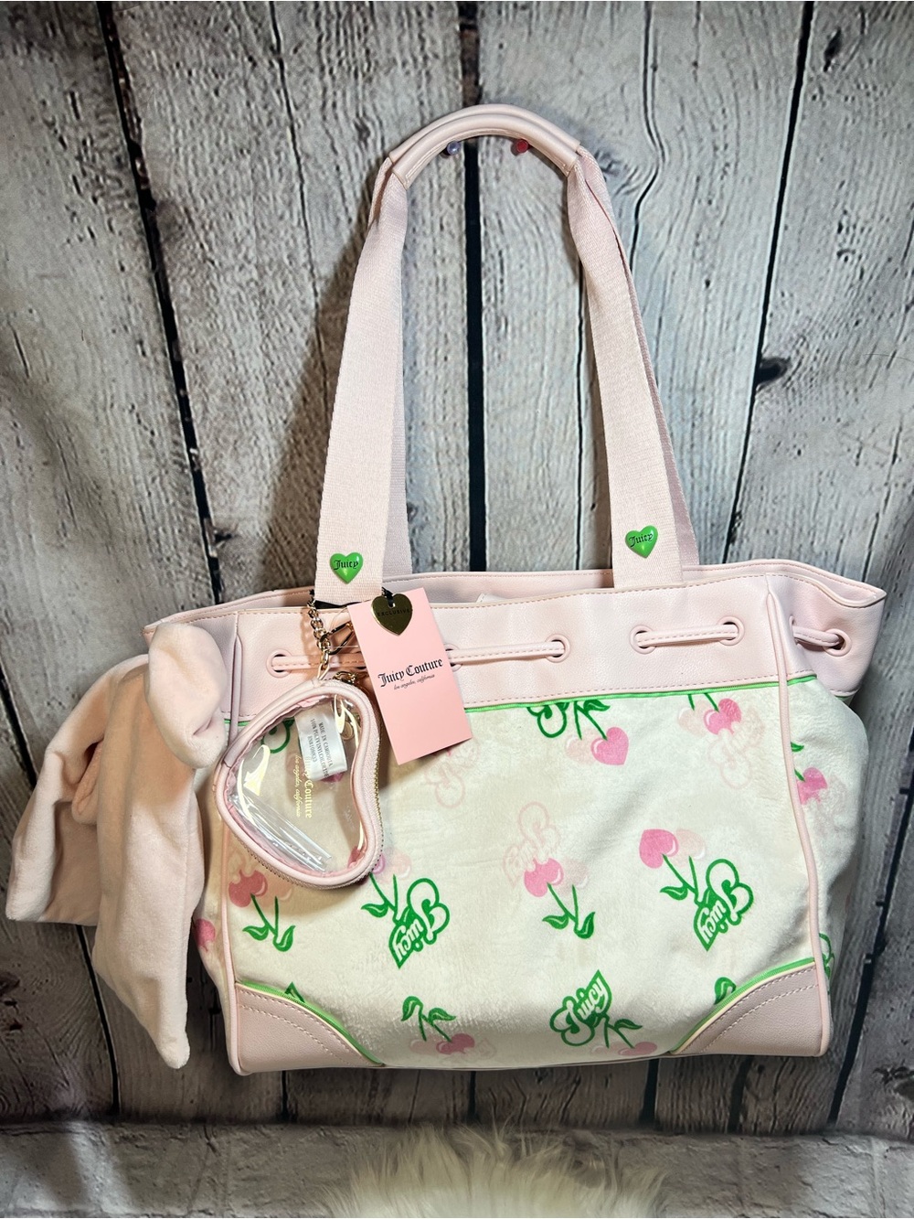 Juicy Couture Pink and Green Floral Canvas Tote with Heart Charm